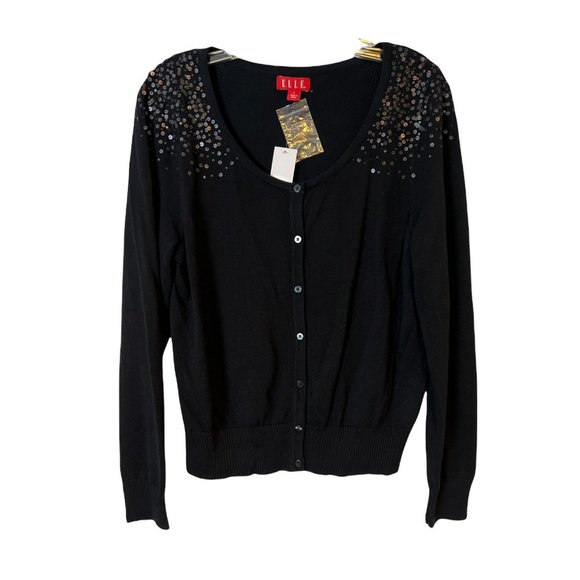 NEW Elle Cardigan Sequins Academia Long Sleeve Button Up Black Lady Luxe Large - Picture 1 of 11